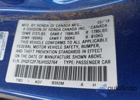 2018 Honda Civic Ex from USA, damaged, VIN 2HGFC2F76JH552764